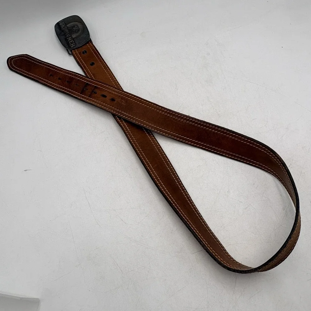 VTG Sears Leather Belt Brown Sz 42 Sundowner Reno Nevada Casino Brass Buckle USA